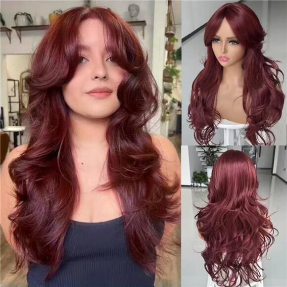 Red Layered Wavy Wig with Curtain Bangs for Women - Picture 1 of 6